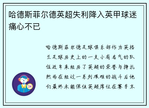 哈德斯菲尔德英超失利降入英甲球迷痛心不已