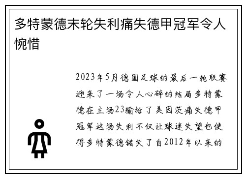多特蒙德末轮失利痛失德甲冠军令人惋惜